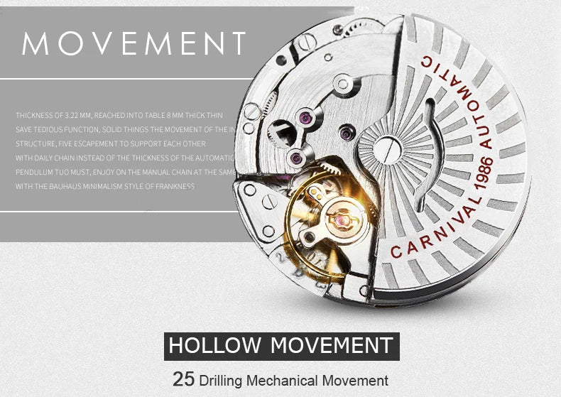 Carnival Brand Automatic Watch Fashion Luxury Waterproof Calendar Moon Phase Mechanical Watches For Men Clock Relogio Masculino