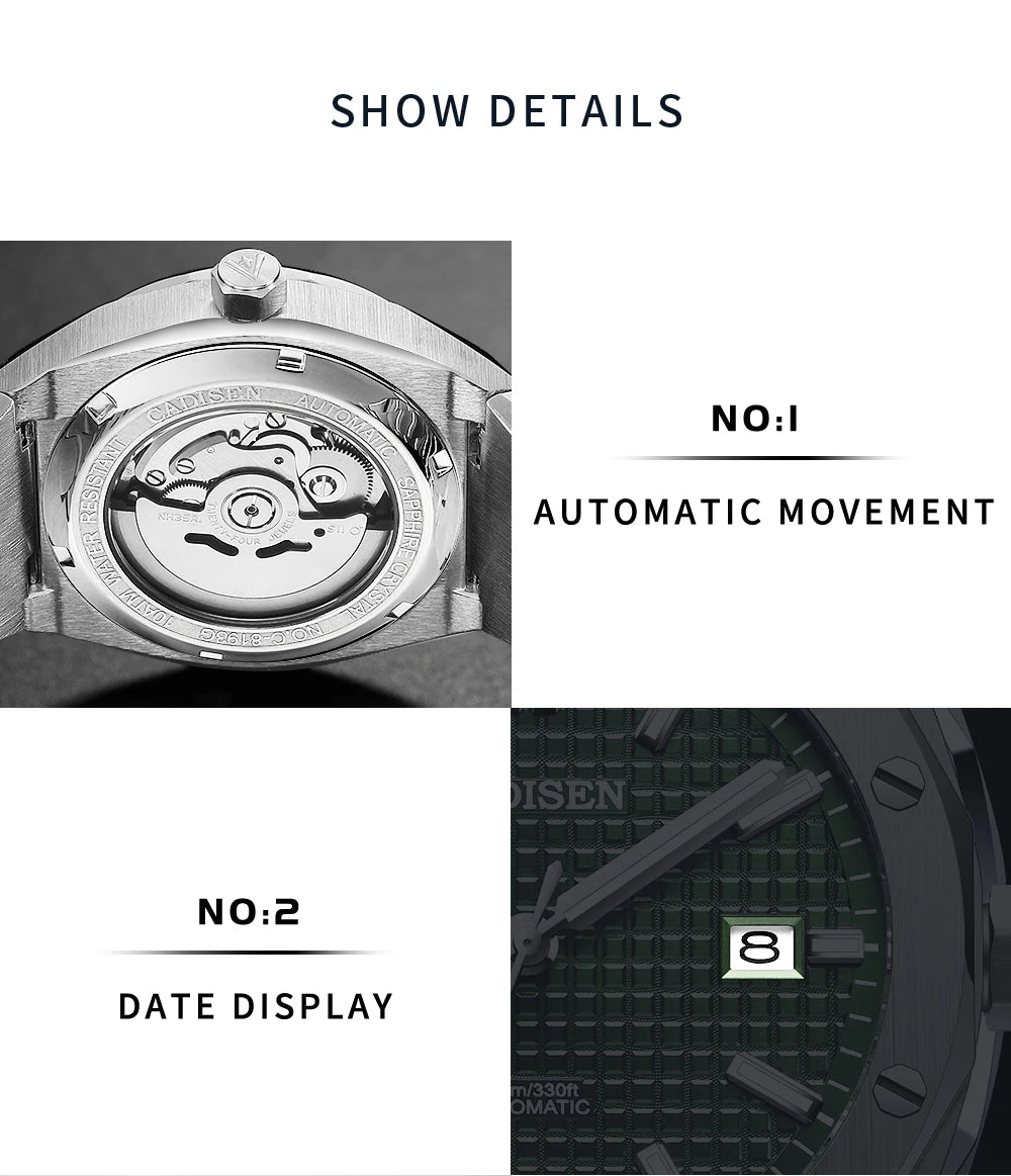 CADISEN 42MM Men's Mechanical Watch Luxury NH35A Movement Automatic Watches Sapphire Mirror 10Bar Waterproof Watch For Men