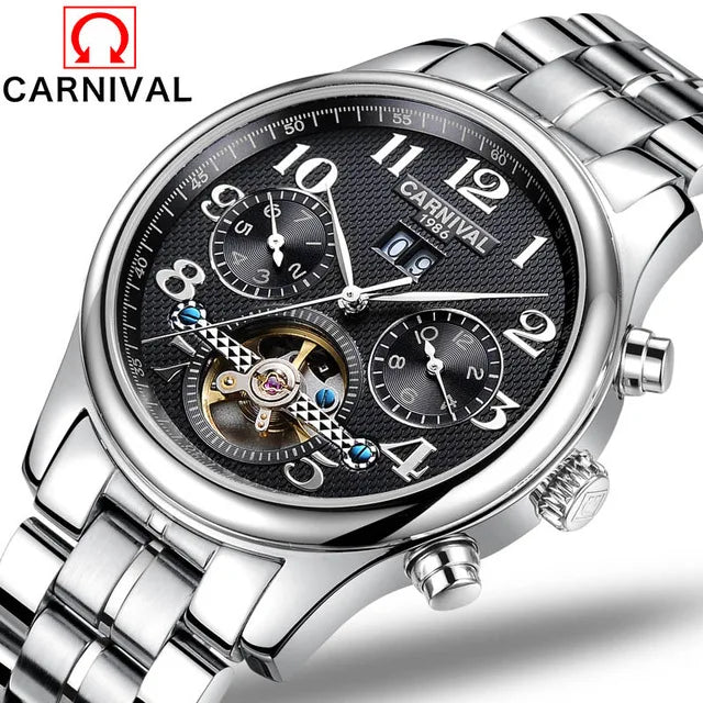 Carnival Brand Luxury Tourbillon Watches Leather Calendar Week Month High-End Mechanical Watch Business Men Automatic Clock