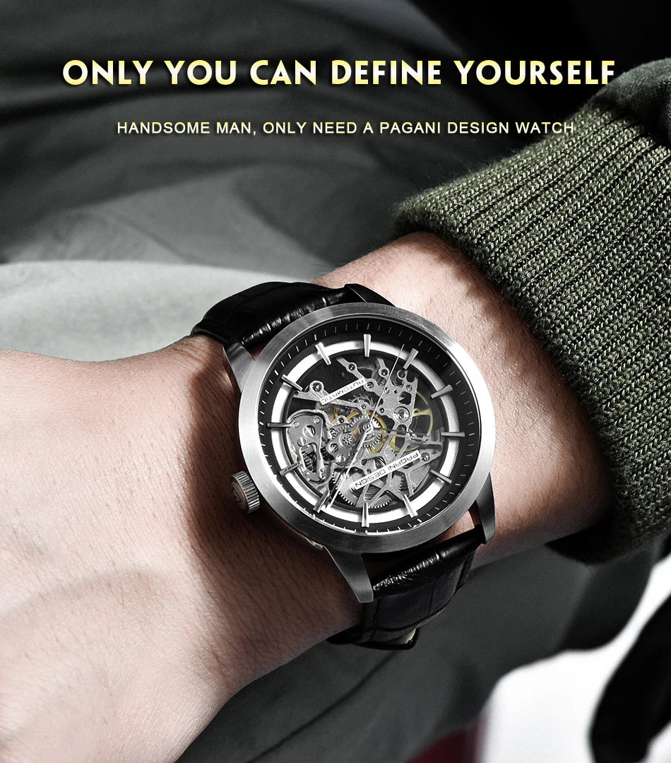 PAGANI DESIGN Markenmode Sportliche Lederuhren für Herren Luxus Automatische Mechanische Skelettuhren Wasserdicht Relogio Masculino