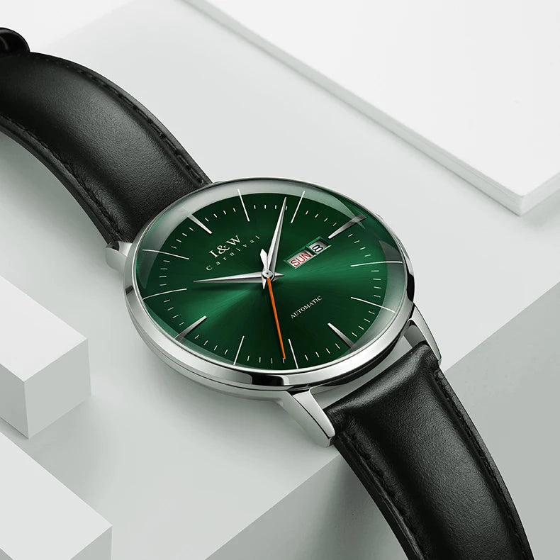 Japan MIYOTA Automatic Watch 3D Curved Sapphire Mechanical Wristwatches Waterproof Leather Strap Double Calendar Watches for Men