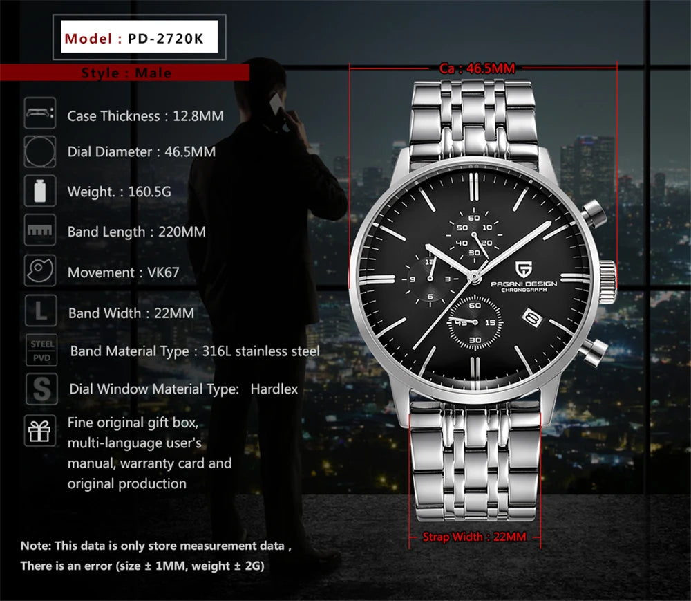 PAGANI DESIGN New Men Watches Multi time zone Quartz Business watch Auto Date Men Watches Japan Movt Watch Men Chronograph Gift