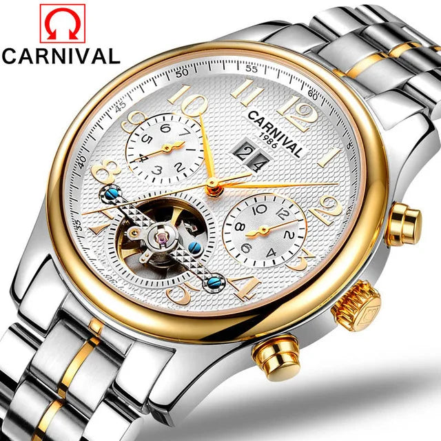 Carnival Brand Luxury Tourbillon Watches Leather Calendar Week Month High-End Mechanical Watch Business Men Automatic Clock