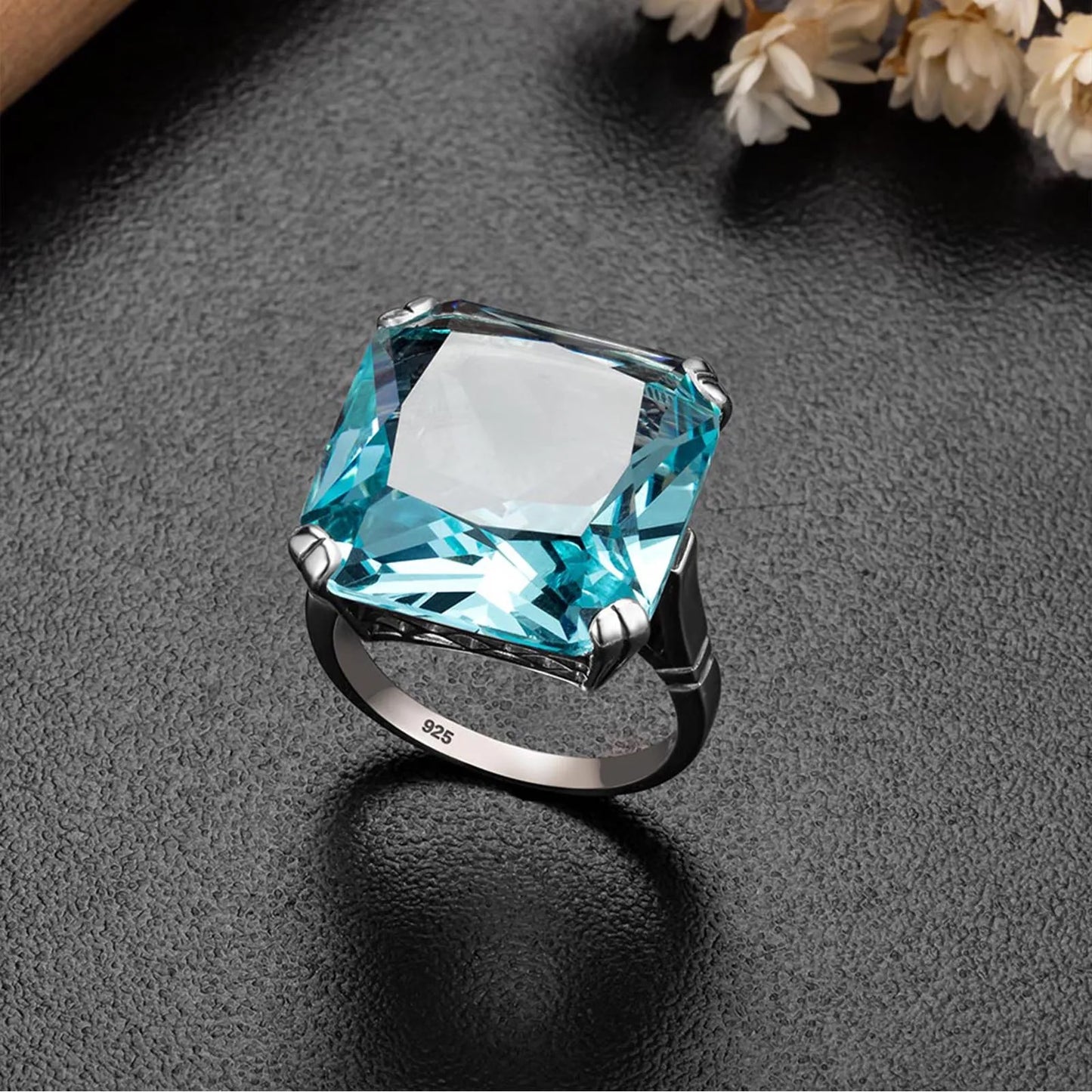Original 925 Sterling Silver Aquamarine Gemstone Ring For Women Vintage Sparkling Birthstone Square Big Stone Jewelry Handmade
