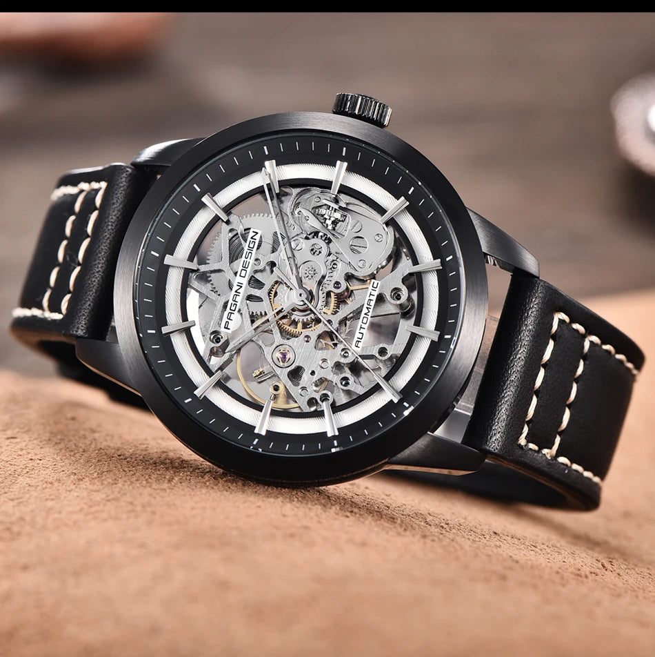 PAGANI DESIGN Markenmode Sportliche Lederuhren für Herren Luxus Automatische Mechanische Skelettuhren Wasserdicht Relogio Masculino
