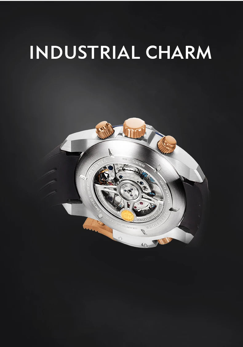 Reef Tiger/RT Luxury Brand Blue Military Watch Men Leather Strap Steel Automatic Watch Waterproof Relogio Masculino RGA3503