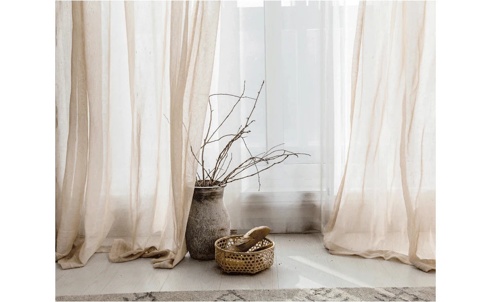 Beige linen look tulle curtains for living room Modern flax sheer curtains for bedroom Solid voile cortina for kids window drape