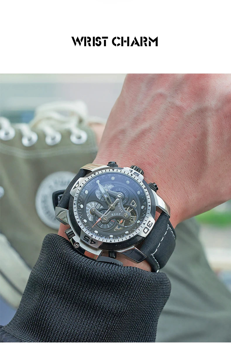 Reef Tiger/RT Luxury Brand Blue Military Watch Men Leather Strap Steel Automatic Watch Waterproof Relogio Masculino RGA3503