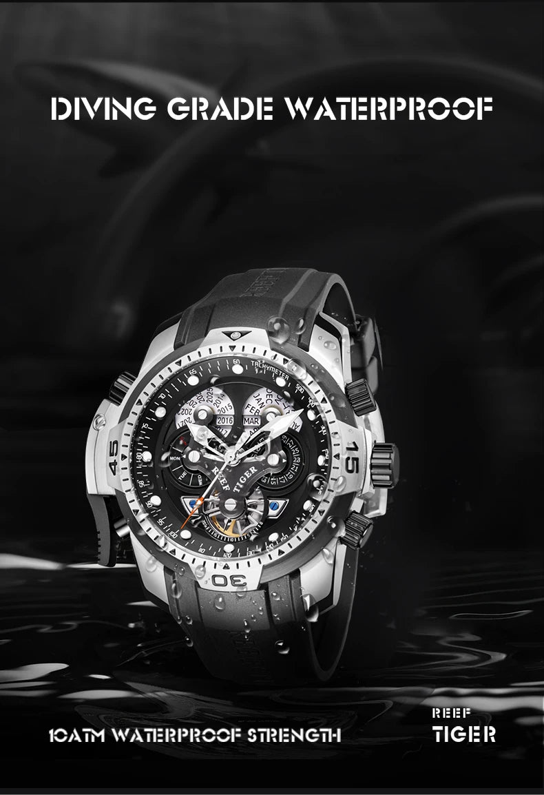 Reef Tiger/RT Luxury Brand Blue Military Watch Men Leather Strap Steel Automatic Watch Waterproof Relogio Masculino RGA3503