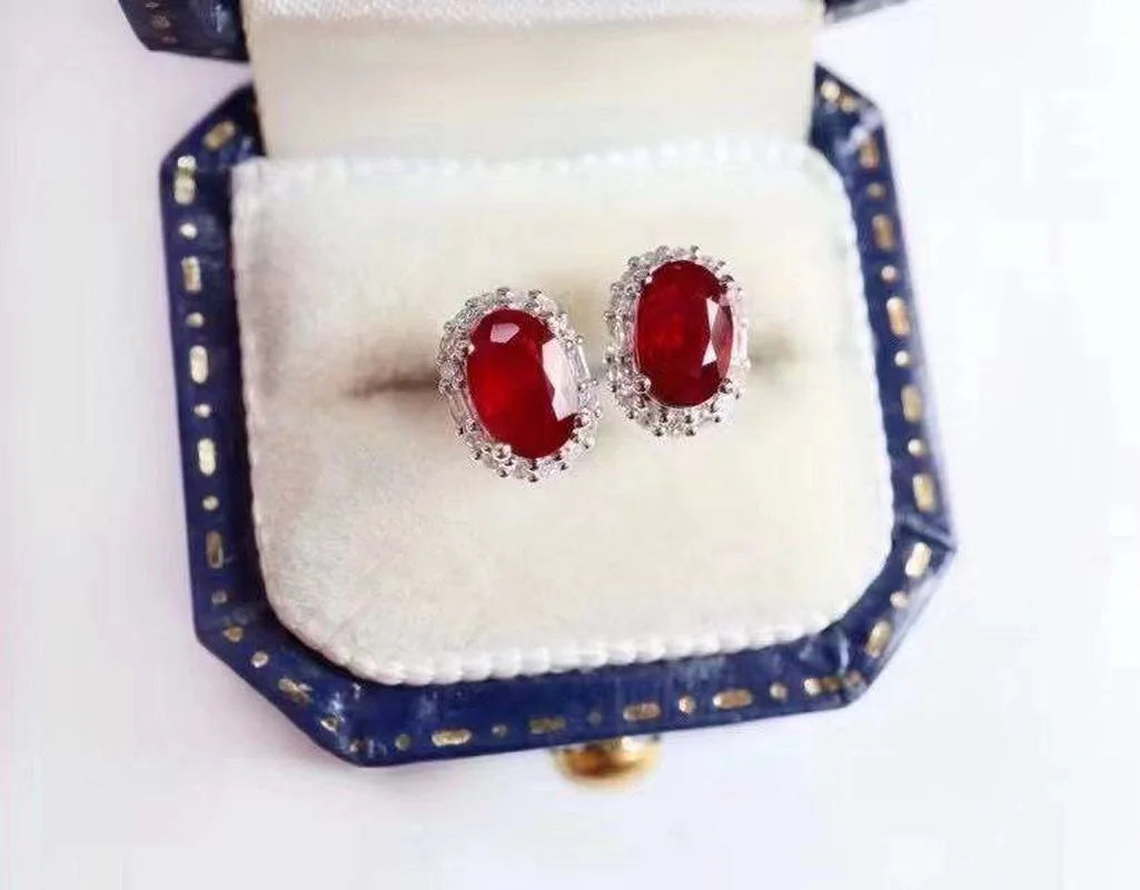 Female Party Jewelry New 100% Natural and Real Ruby Luxury Stud Earring Jewelry  925 Silver