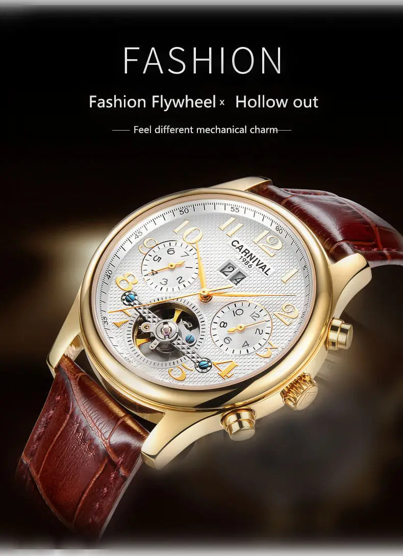 Carnival Brand Luxury Tourbillon Watches Leather Calendar Week Month High-End Mechanical Watch Business Men Automatic Clock
