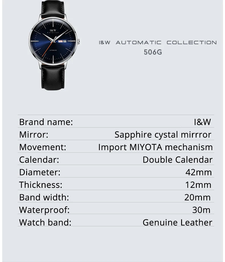 Japan MIYOTA Automatic Watch 3D Curved Sapphire Mechanical Wristwatches Waterproof Leather Strap Double Calendar Watches for Men