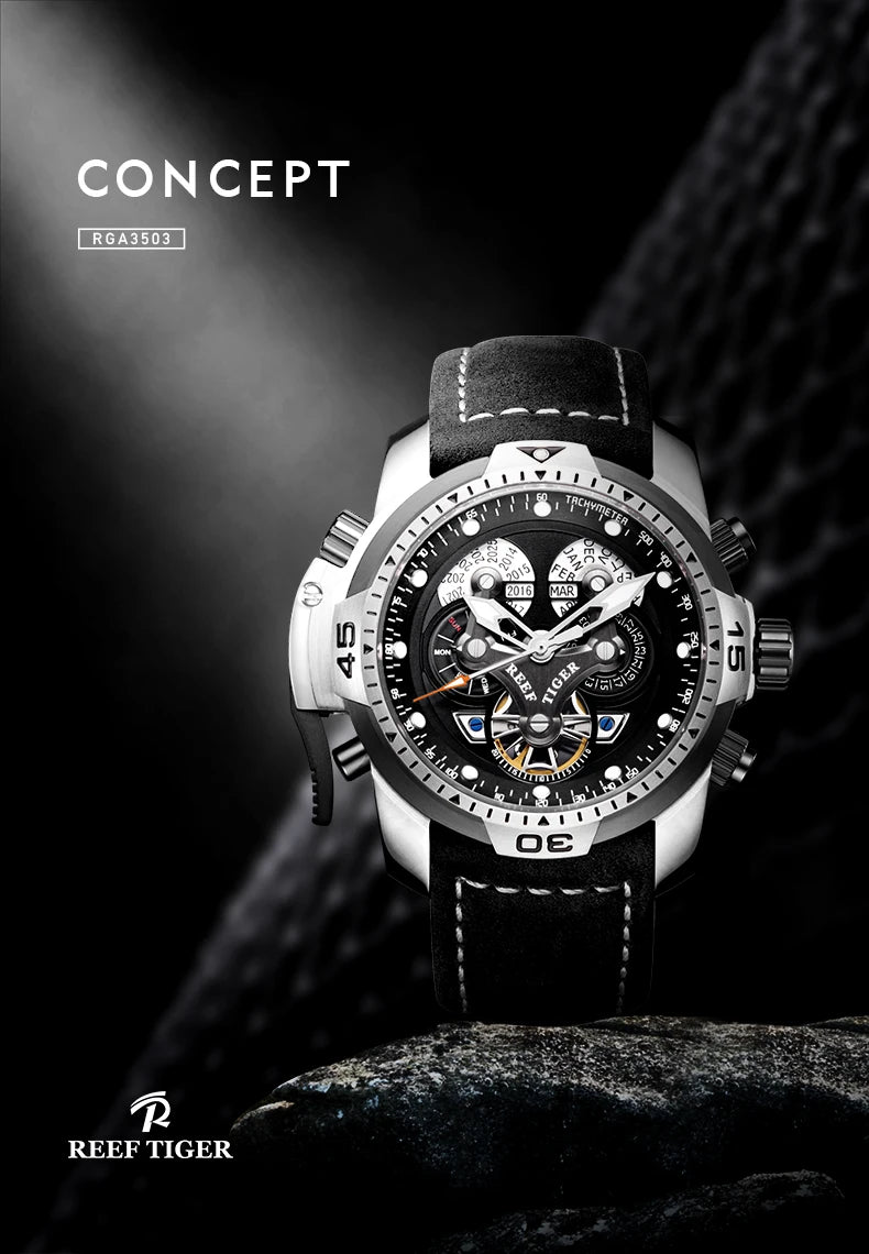 Reef Tiger/RT Luxury Brand Blue Military Watch Men Leather Strap Steel Automatic Watch Waterproof Relogio Masculino RGA3503