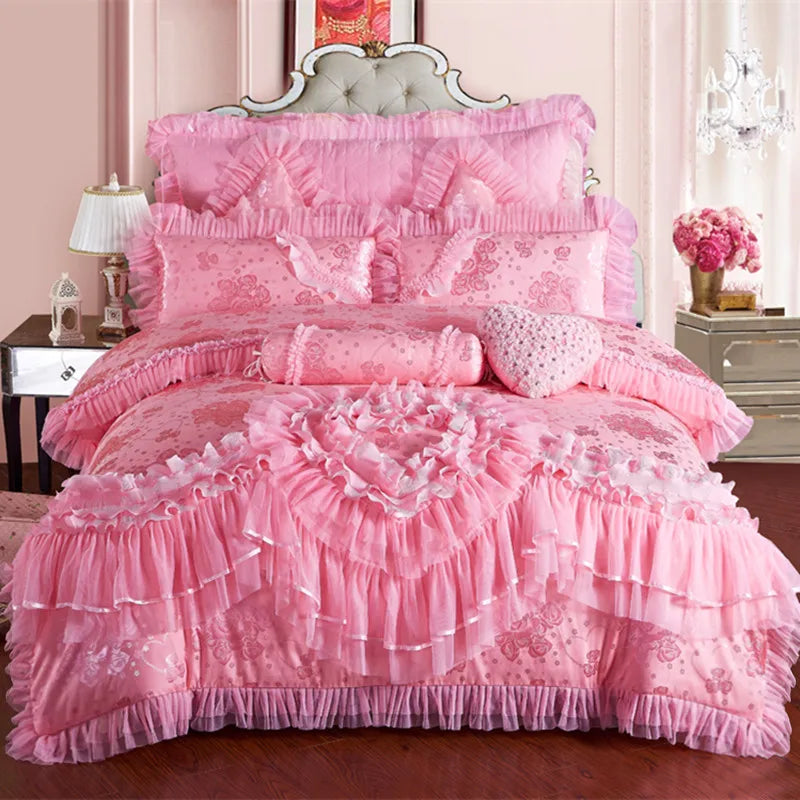 Red Jacquard Satin Cotton Bedding Set Luxury Heart-shaped Lace Princess Wedding Duvet Cover Bed Sheet Bedspread Pillowcases
