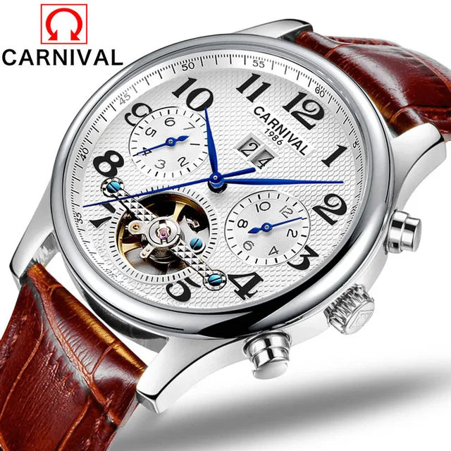 Carnival Brand Luxury Tourbillon Watches Leather Calendar Week Month High-End Mechanical Watch Business Men Automatic Clock