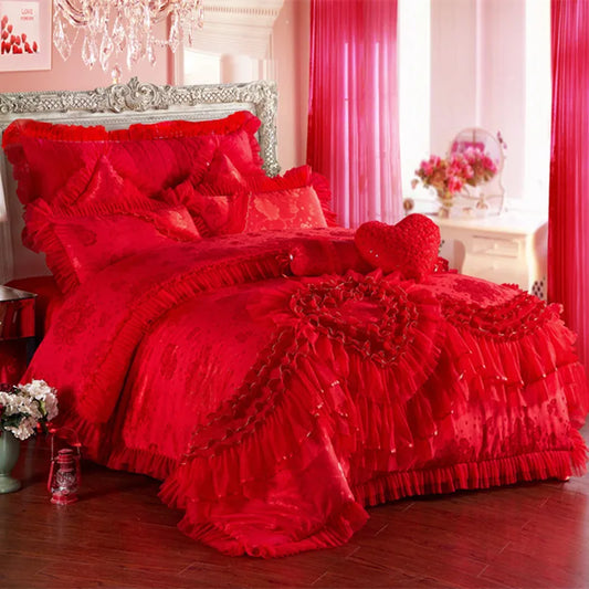 Red Jacquard Satin Cotton Bedding Set Luxury Heart-shaped Lace Princess Wedding Duvet Cover Bed Sheet Bedspread Pillowcases