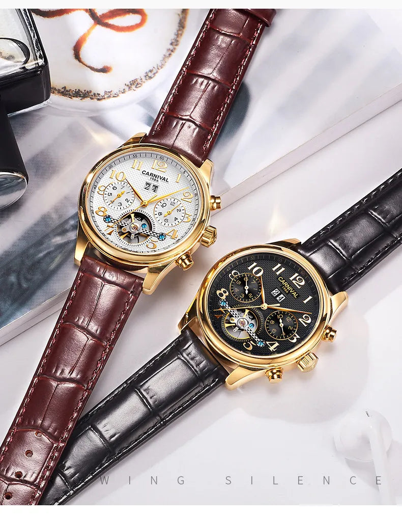 Carnival Brand Luxury Tourbillon Watches Leather Calendar Week Month High-End Mechanical Watch Business Men Automatic Clock