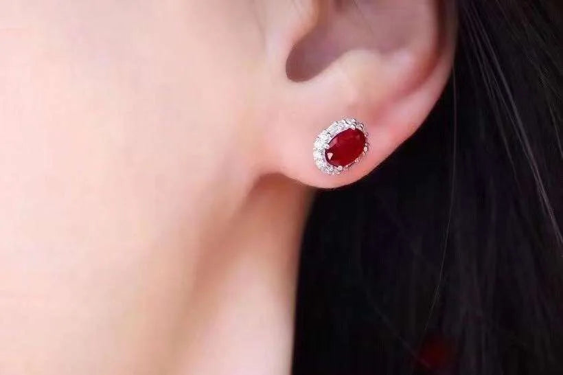 Female Party Jewelry New 100% Natural and Real Ruby Luxury Stud Earring Jewelry  925 Silver