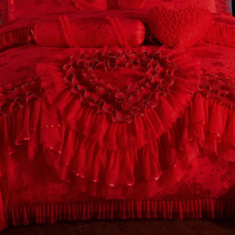 Red Jacquard Satin Cotton Bedding Set Luxury Heart-shaped Lace Princess Wedding Duvet Cover Bed Sheet Bedspread Pillowcases