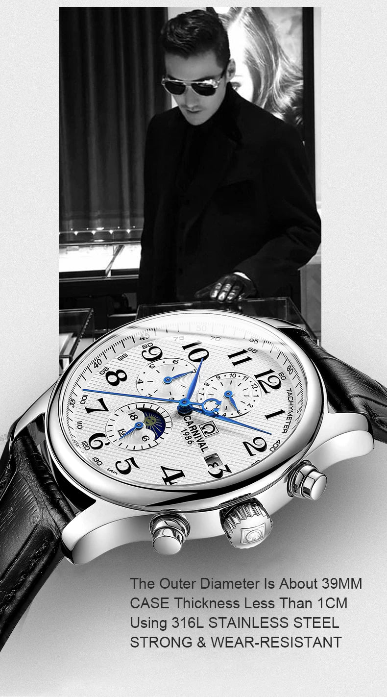 Carnival Brand Automatic Watch Fashion Luxury Waterproof Calendar Moon Phase Mechanical Watches For Men Clock Relogio Masculino