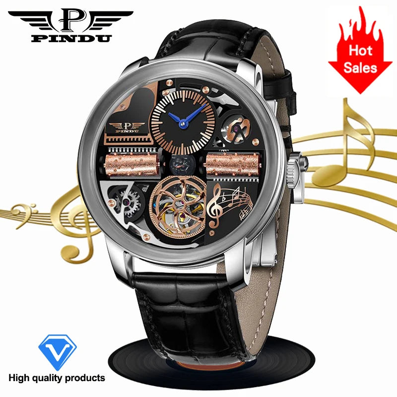 2025 NEW PINDU Design Music Series Machinery Watch Men Movement stainless steel Sapphire Glass Top Luxury Automatic Watch Hollow