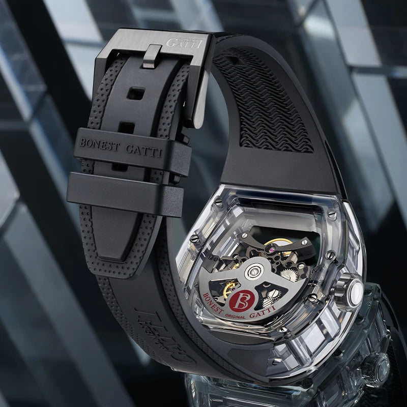 BONEST GATTI 2025 New Men Automatic Watch Tonneau Mechanical Wristwatch Acylic Case Sapphire Lume Hollow Out Dial Fluororubber