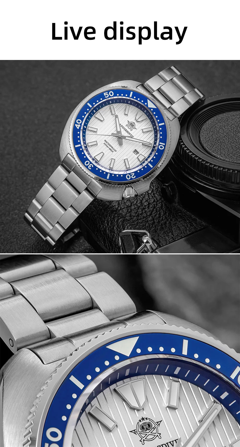 ADDIESDIVE Men's Watch Stainless Steel Sapphire Crystal Quartz Watch Men's Luminous 200M Waterproof Gift Men's Analog Watch