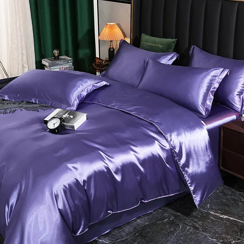Silk Bedding Set with Duvet Cover Fitted/Flat Bed Sheet Pillowcase Luxury Satin Bedsheet Solid Color King Queen Twin Size