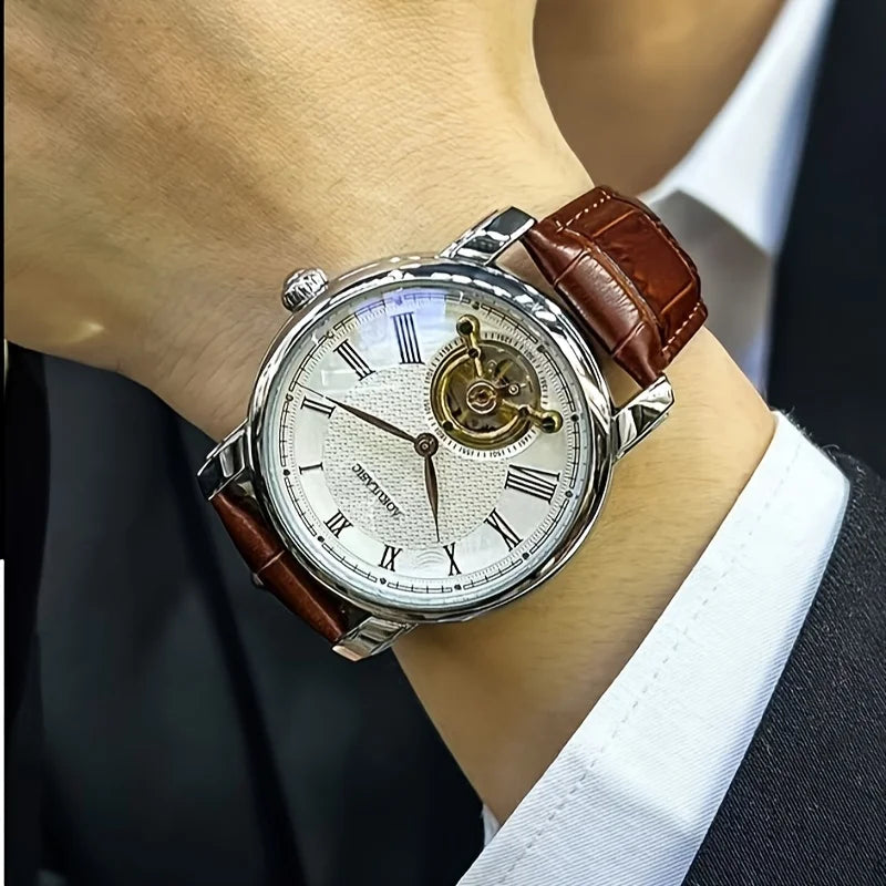 Luxury Men's Automatic Mechanical Watch - Fashionable Hollow Design, Fashionable Business Casual Style, Alloy Case and Leather Strap, No Battery