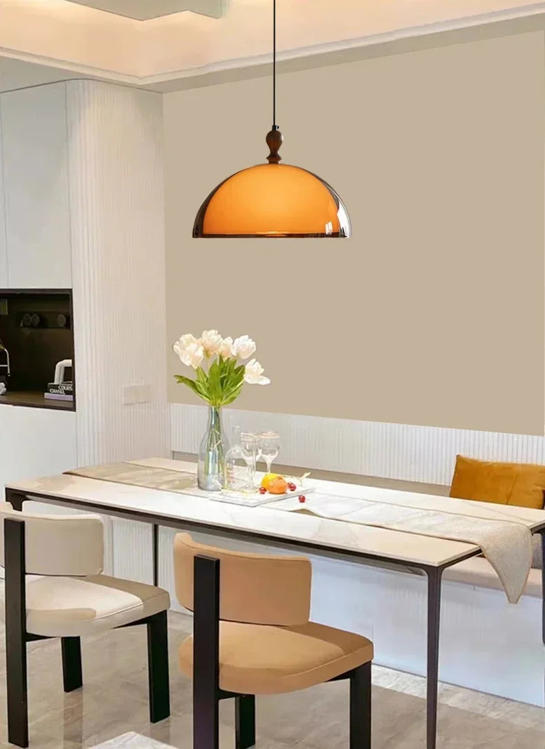 Retro Brown Acrylic Lampshade Pendant Light with Walnut Wood E27 Bulb Hanging Lamp for Dining Room Bar Adjustable Chandelier