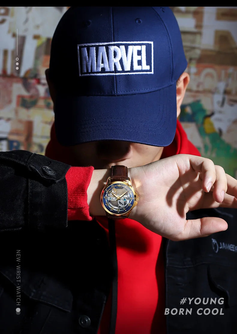 OLEVS Trend Fashion Men's Watches Casual Leather Strap Hollow Out Self-winding Movement Original Automatic Mechanical Wristwatch