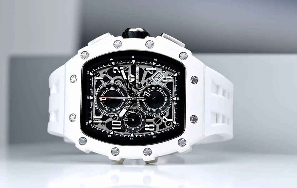 TSAR BOMBA Resin Watch for Men Tonneau Waterproof Mens Watches Top Brand Luxury Chronograph Sport Male White Wristwatches