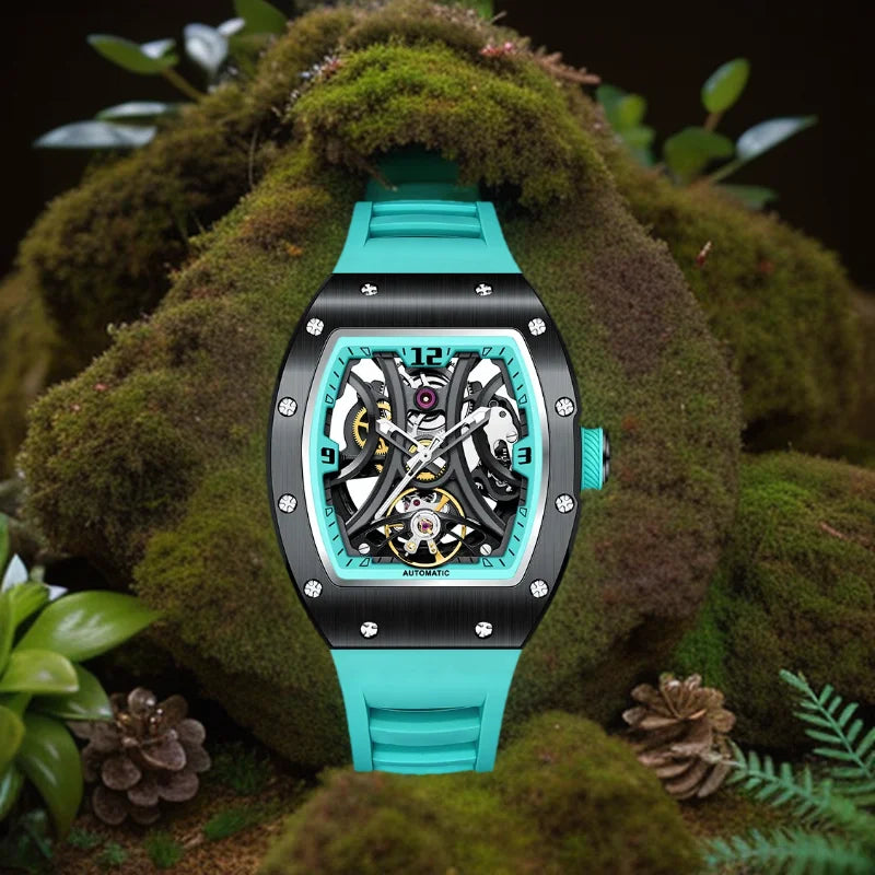 New Style automatic watch tonneau dial silicone strap waterproof sport mechanical wristwatch stainless steel 2026