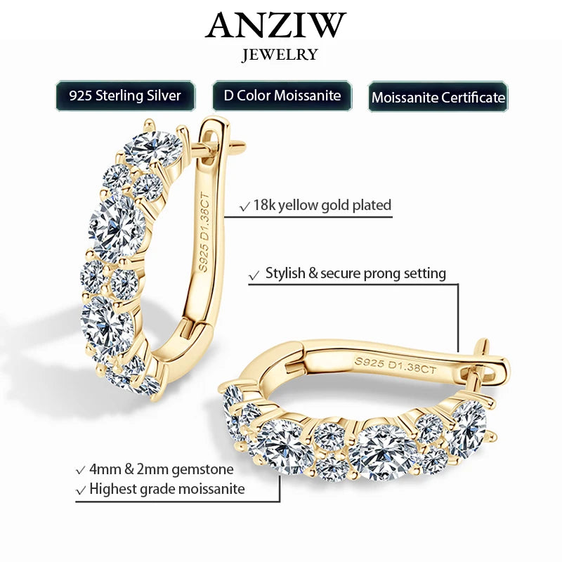 Anziw Sparking VVS1 Moissanite Earrings S925 Silver U Shape Hoop Earrings for Women Hot Sale Wedding Jewelry Certified 2.76CTTW.