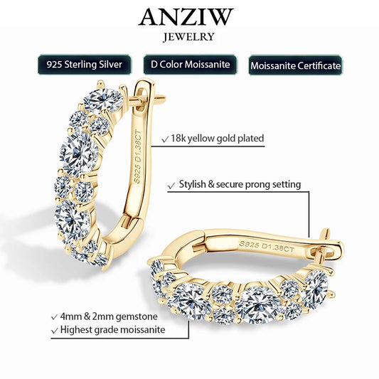 Anziw Sparking VVS1 Moissanite Earrings S925 Silver U Shape Hoop Earrings for Women Hot Sale Wedding Jewelry Certified 2.76CTTW.