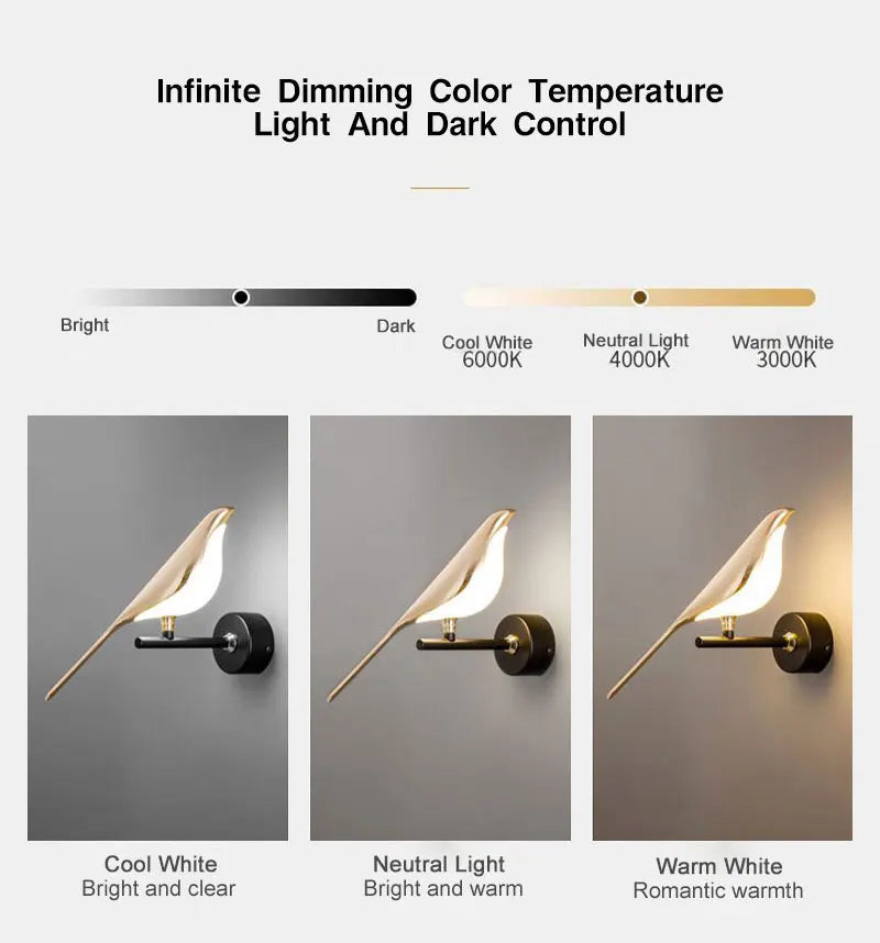 Creative Bird 360° Rotatable LED Wall Lamps Bedroom Bedside Indoor Golden Touch Switch LED Wall Lights Wall Sconce Home