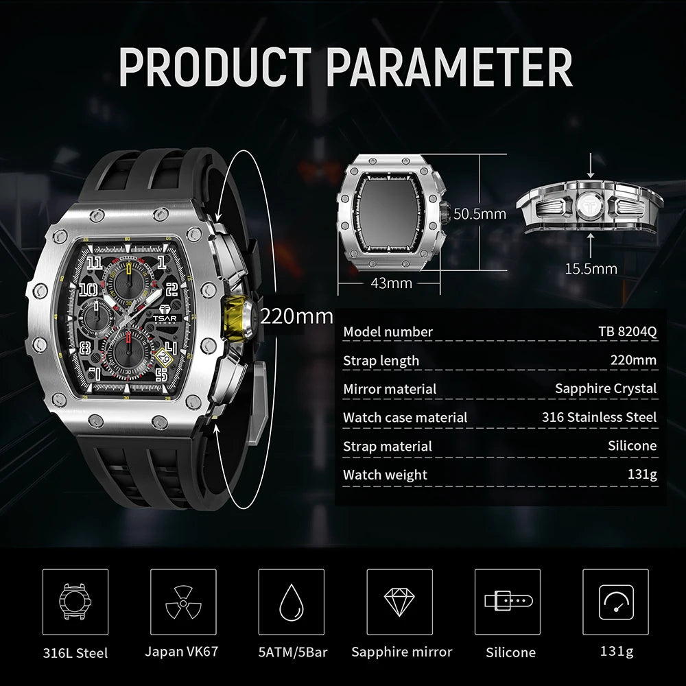 TSAR BOMBA Watch for Men Luxury Brand Tonneau Design Waterproof Clock Stainless Steel Wristwatch Fashion Rectangle Mens Watch
