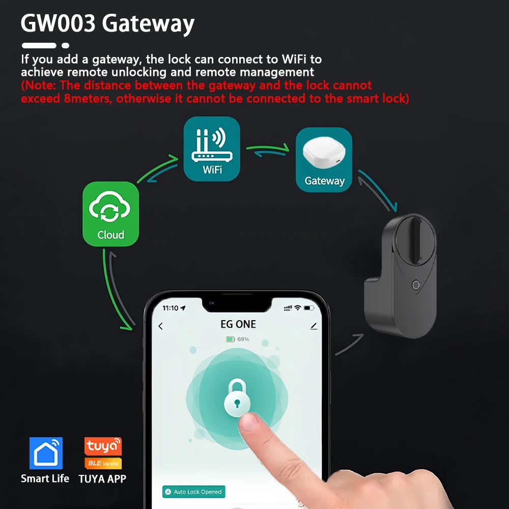 Smart lock with Tuya Bluetooth, fingerprint, password, and IC card unlocking; no drilling required for installation.