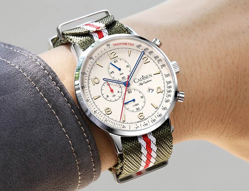 CADISEN New Men's Watches Top Luxury Quartz Watch For Men Canvas 0S10 Chronograph AR Mirror Waterproof Gift Men's Wristwatch