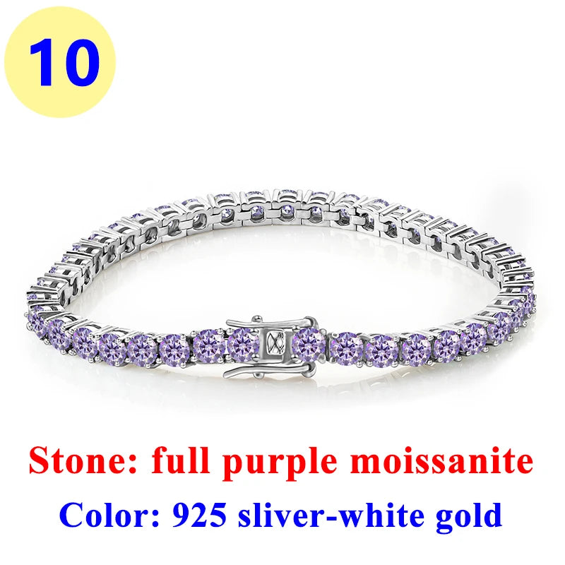 3MM Pink Full Moissanite Tennis HipHop Blue Green Yellow Purple Bracelet S925 Sliver Plated White Gold Bracelet for Women Men