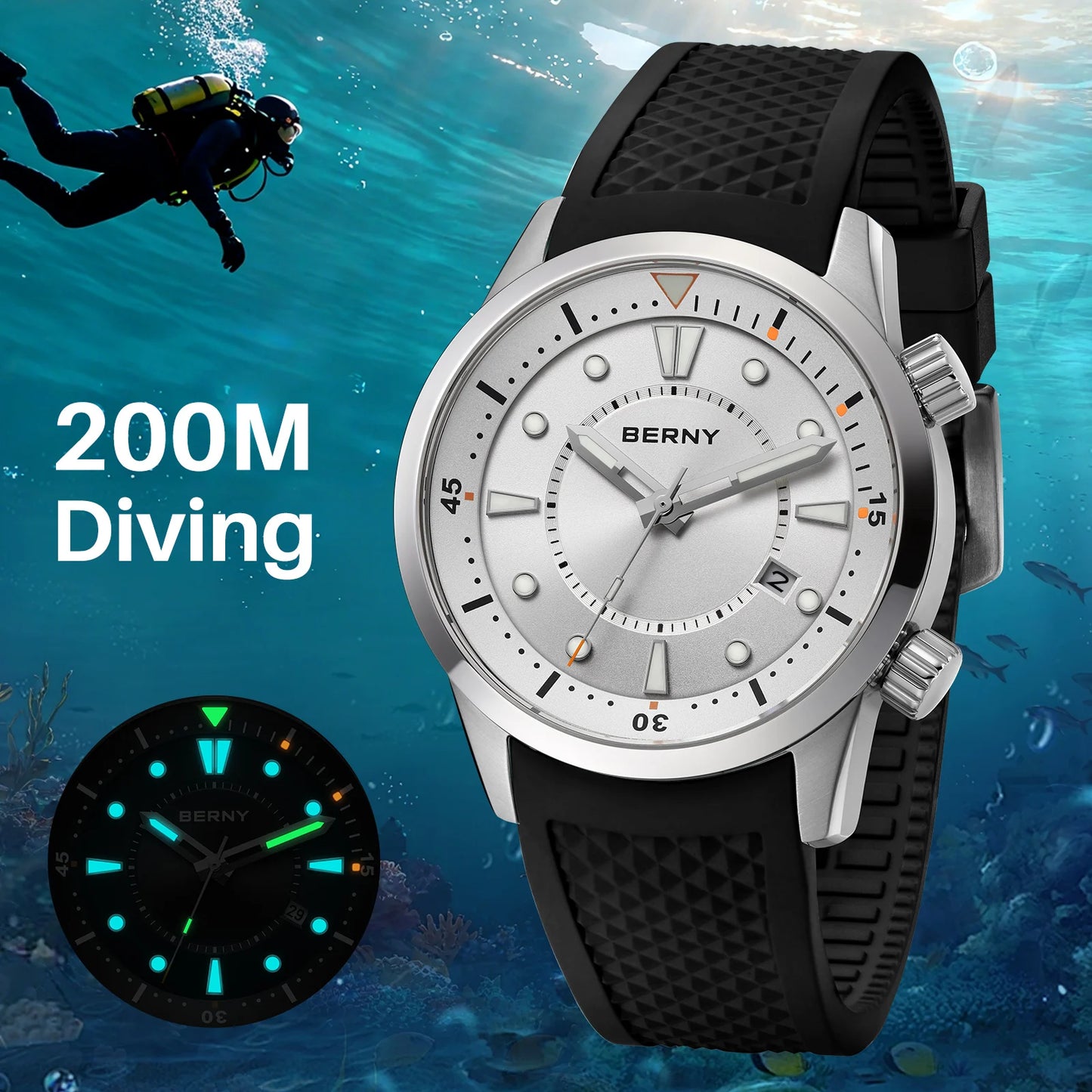 BERNY Automatic Diver Men Watch 200M Waterproof Miyota 8215 Sappire AR Coated Silicone Sports Swim Wristwatch Men's Diver Watch