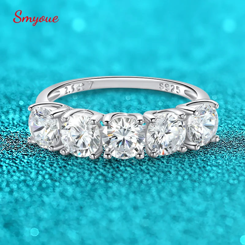 Smyoue 2.5/5CTTW D Color Genuine Moissanite Rings for Women 5 Gemstone Bridal Wedding Jewelry 925 Sterling Silver Wholesale Ring