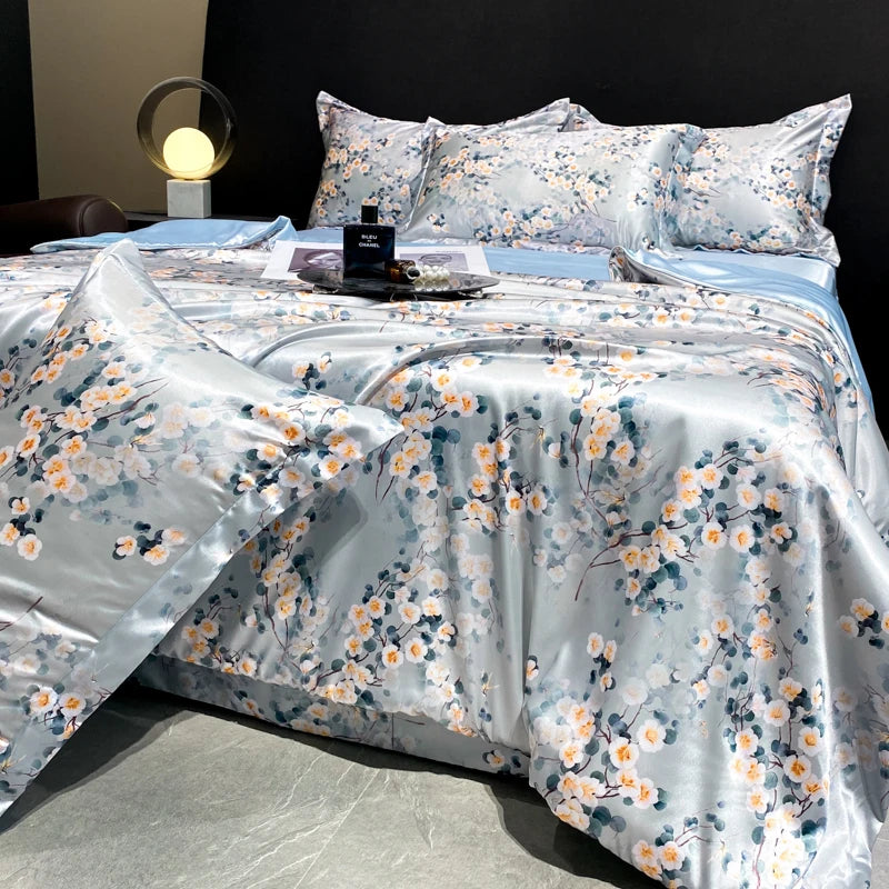 2025 new high-end luxury silky Sleeping naked digital printing washed silk style Bedding Set Duvet Cover Bed Sheet Pillowcases