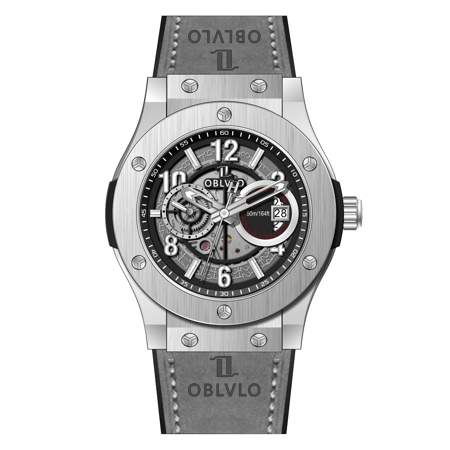 OBLVLO Men's Fashion Rose Gold 44mm Hollow-out Automatic Watch Waterproof Brown Leather Strap Mechanical Clock with Date HM-GT