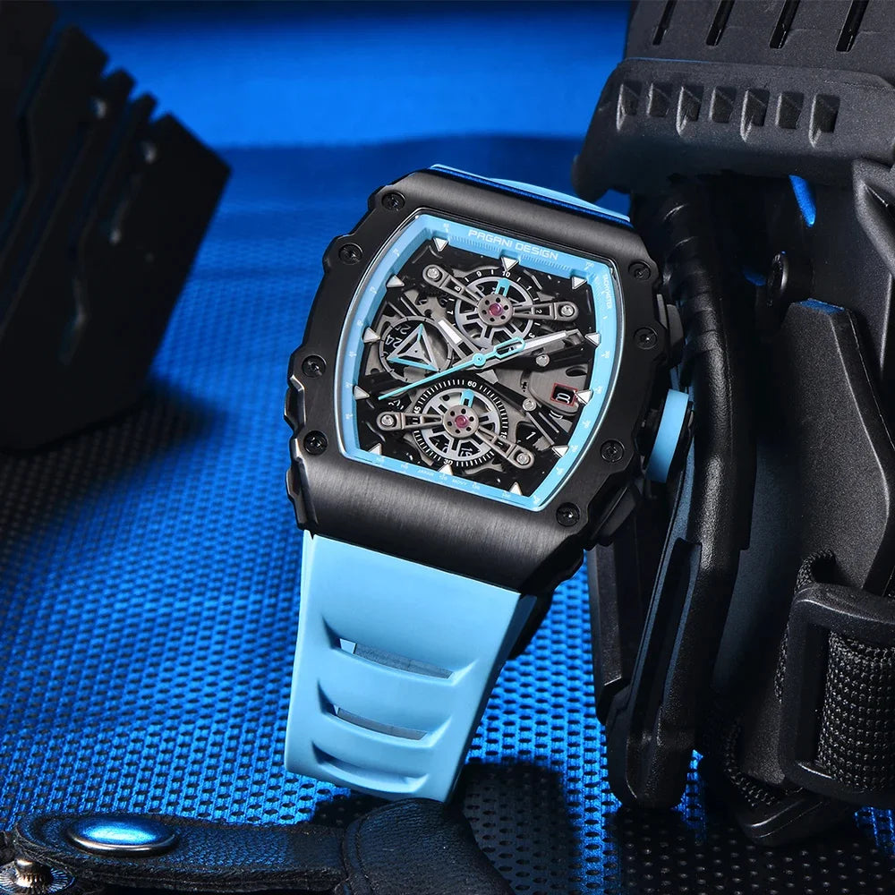 Pagani Design Men's Quartz Watches Japan Movt Skeleton Dial Waterproof Sport Rectangle Sapphire Glass Chronograph Watch For Men