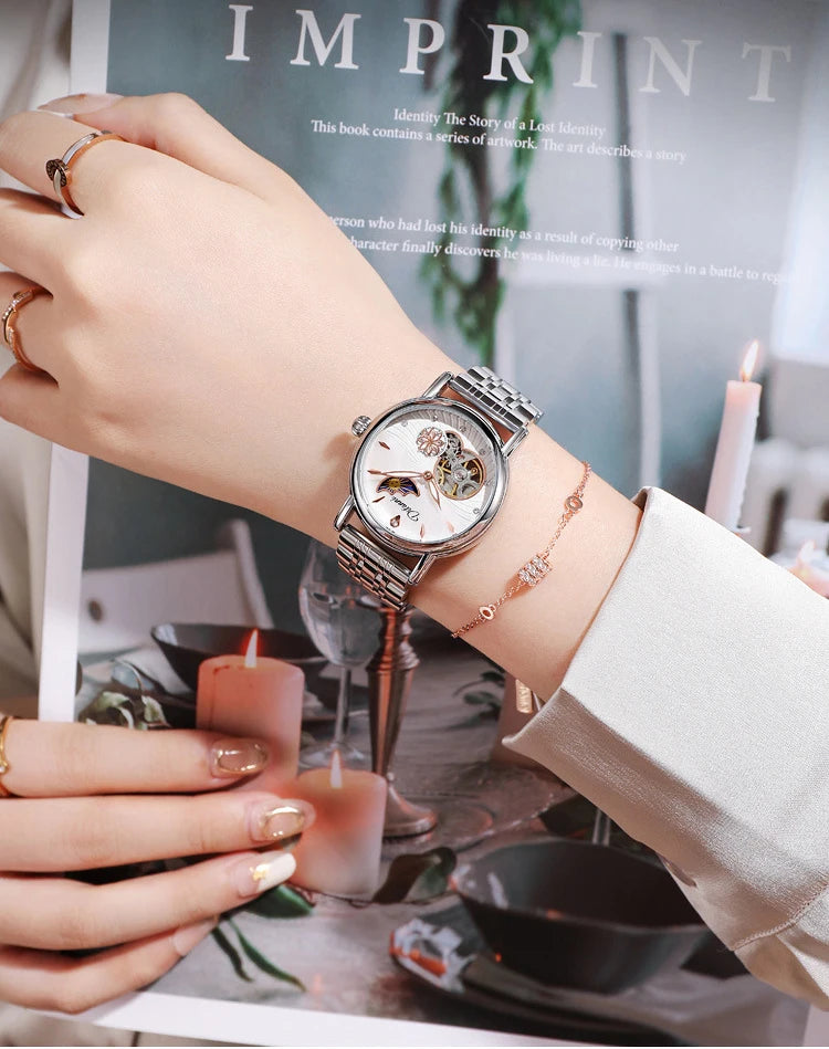 Lady Automatic Mechanical Watches Rotatable Flowers Female Watch Women Brand Luxury Fashion Moon Phase Waterproof Luminous Clock