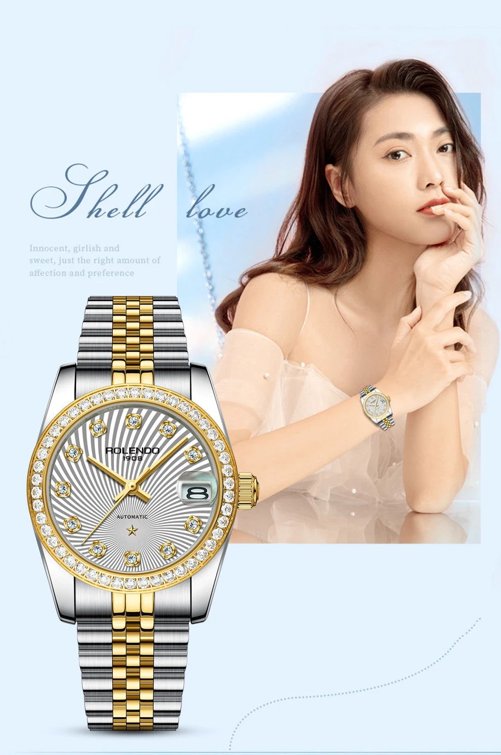ROLENDO Classic Date Watches for Woman 32mm Sapphire Crystal 30ATM Butterfly Buckle Gold Luxury Diamond-set Automatic Wristwatch
