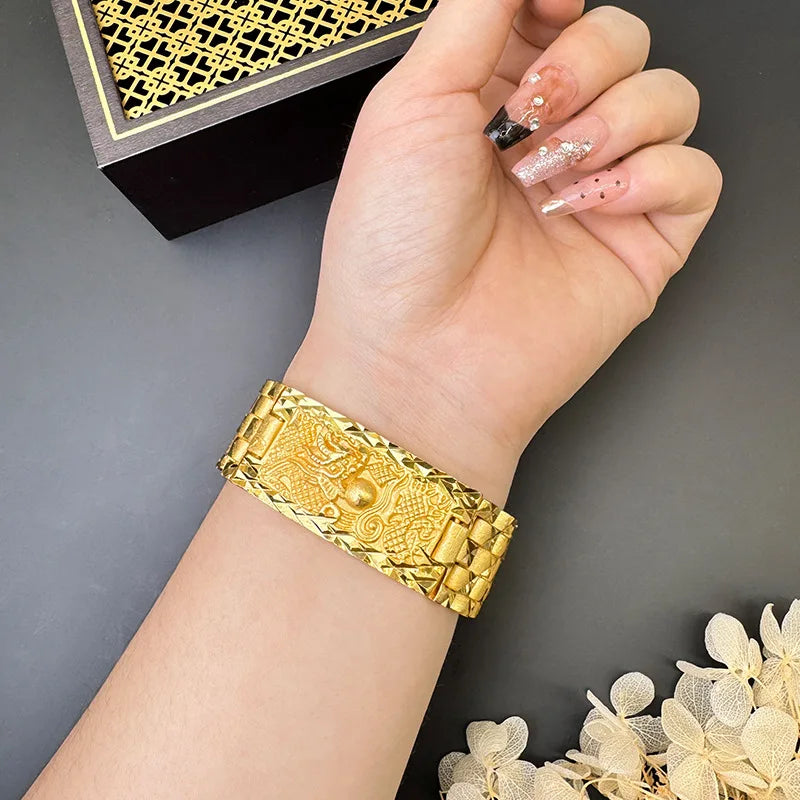 Luxury 24K 9999 Pure Gold real gold Men's Double Dragon Play Ball Flying Dragon in the Sky Bracelet