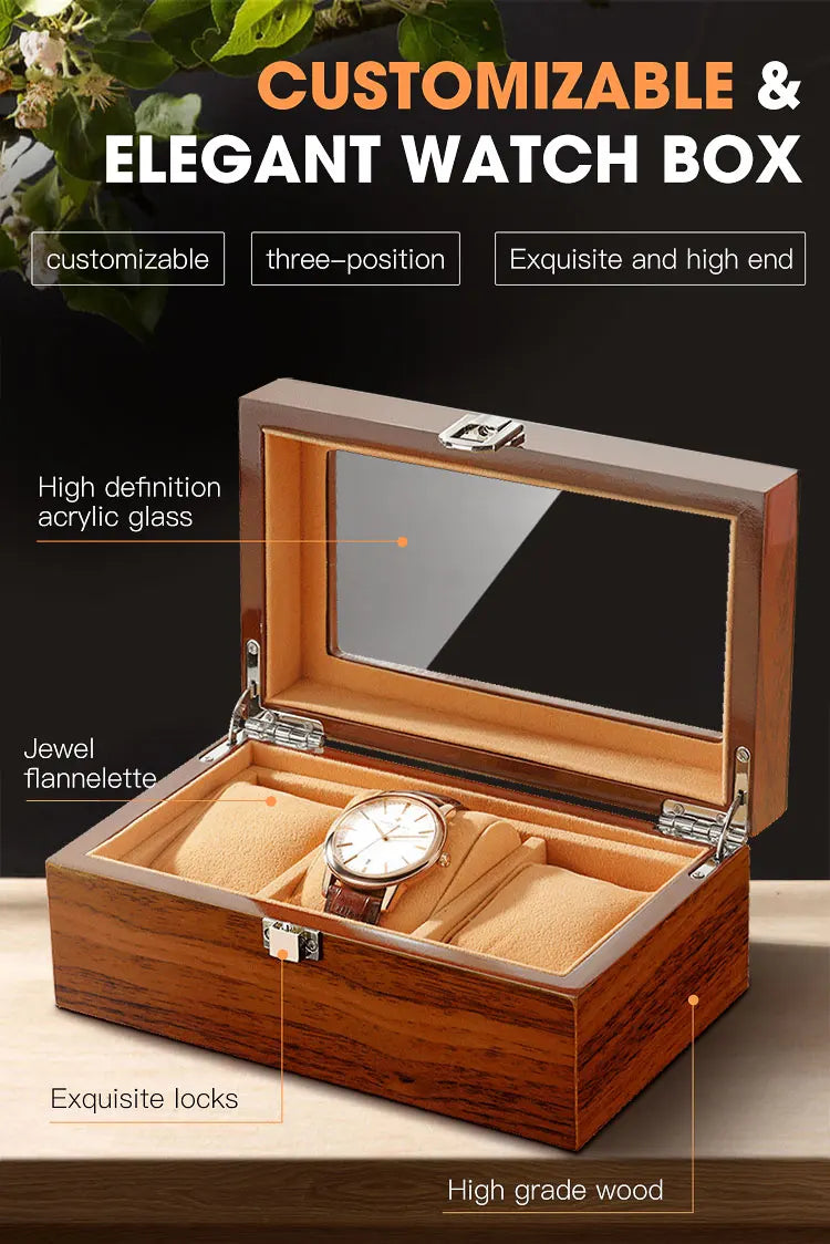 Black Luxury Wood Grain Watch Box 3 Slots Men Quartz Mechanical Watch Boxes Collection Storage Box