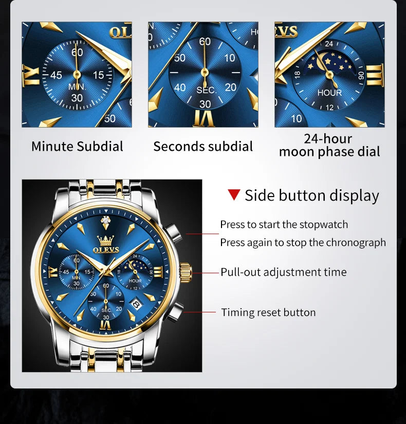 OLEVS 3639 Top Brand Original Luxury New Quartz Watch Stainless Steel Watch For Men Waterproof Luminous Moon Phase Mens Watch